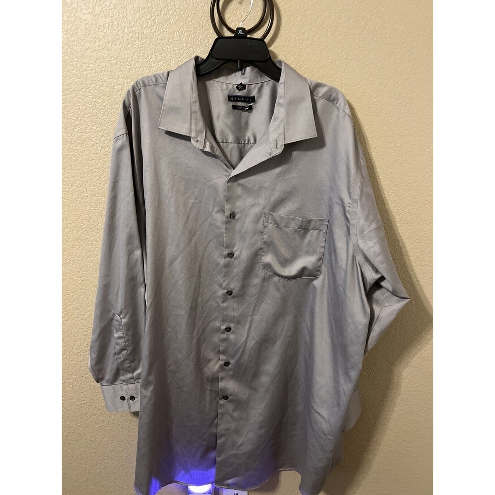 Synrgy Button Up Long Sleeve Dress Shirt Solid‎ Gray 20 35/36 Cotton Blend J26